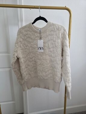 Zara Women’s Textured Cream Pearl-Embellished Knit Sweater Jacket